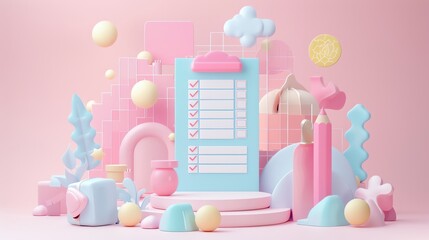 A captivating 3D scene in light pastel colors showcases a document icon with checklists indicating correct and incorrect, accompanied by a chart