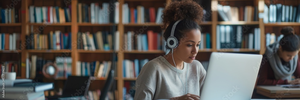 Poster in the library, a young woman is focused on studying with headphones on. she appears dedicated and s