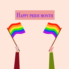Fototapeta premium Hand hold rainbow lgbt flag and celebrate pride month, week or day vector flat illustration
