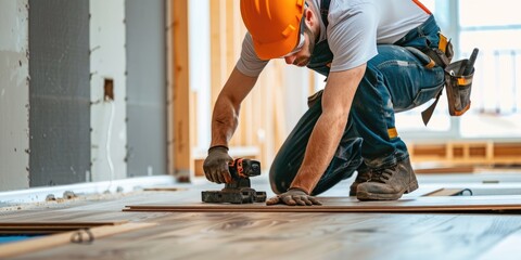 Worker installing wood laminate flooring
