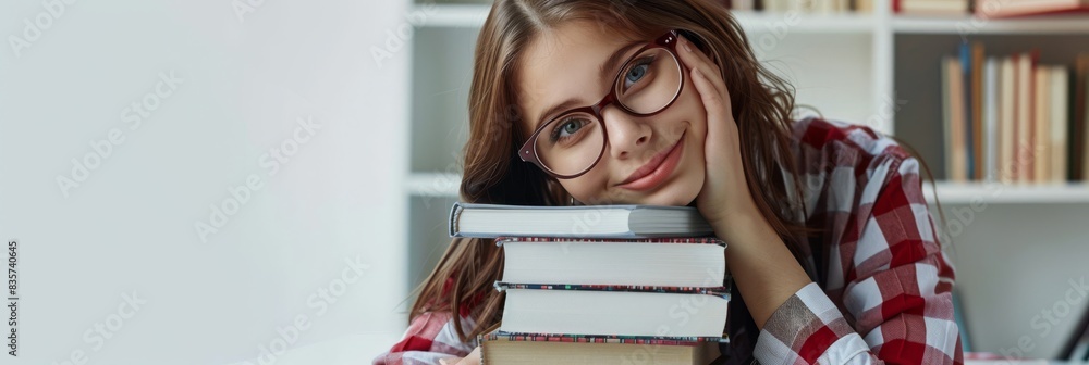 Aufkleber in a cozy library, a joyful student in glasses, engrossed in books, radiates contentment and dedicat