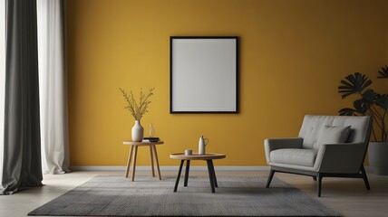 Mockup picture frames near chairs and walls Monochrome empty living room mockup wall scene promotional background.