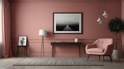 Mockup picture frames near chairs and walls Monochrome empty living room mockup wall scene promotional background.