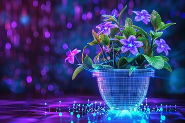 neon hologram of spring flower pot, futuristic, spring vibe, neon glowing