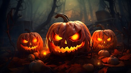 about Halloween pumpkins with spider on a shiny light background.