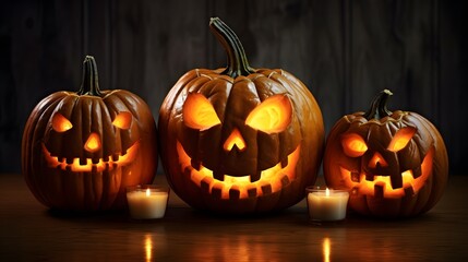 about Halloween pumpkins with spider on a shiny light background.