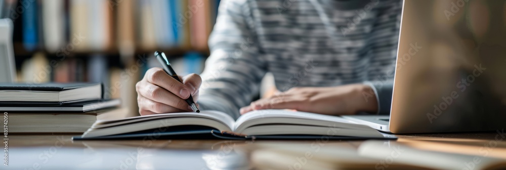 Poster focused academic study a person writing in a notebook in a library, immersed in learning and researc