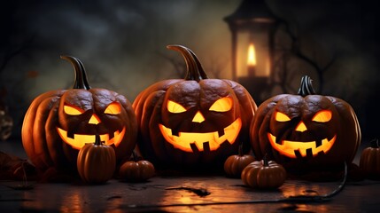 Fototapeta premium about Halloween pumpkins with spider on a shiny light background.
