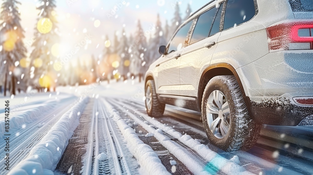 Wall mural  A white SUV traverses a snow-laden road, lined with trees and speckled with snowflakes Sunlight gleams on trees and snow beneath