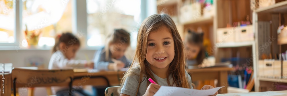 Aufkleber A cheerful girl child is happily learning in the classroom, filled with joy. She is smiling while studying and enjoying her education. This portrays a scene of a happy and engaged student