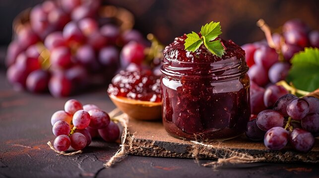 Grape jam with grape pulp in an open bottle, placed in the corner on a white background. A whole bunch of grapes sits next to the bottle