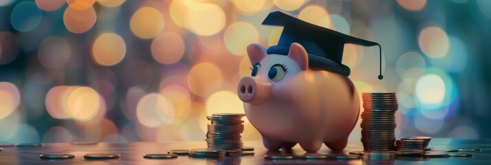 A piggy bank in a graduation cap with coins represents education funds, financial planning, student savings, and investment in education. Key terms finance, savings, budgeting, financial aid