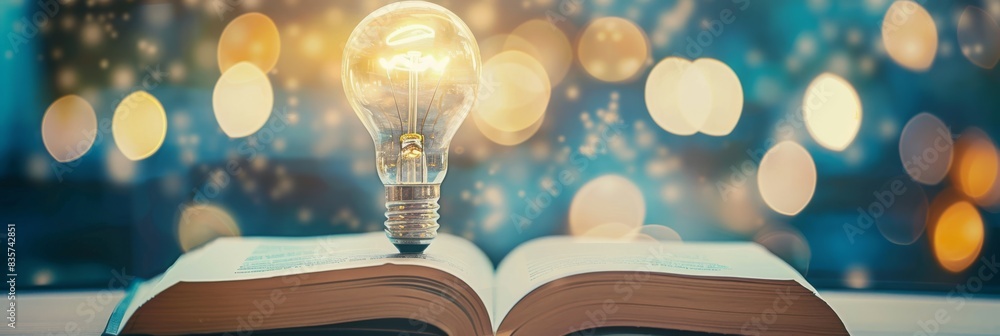 Poster The symbolism of the open book and glowing light bulb is profound, representing wisdom and enlightenment, fostering creativity and growth, and illuminating knowledge and inspiration