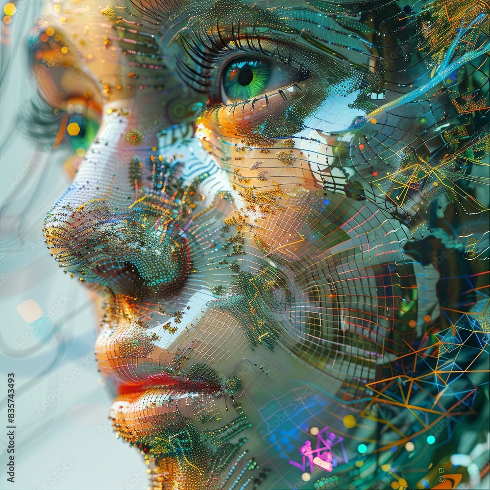 Poster an abstract representation of artificial intelligence with a human touch, tech, multi-color, digital