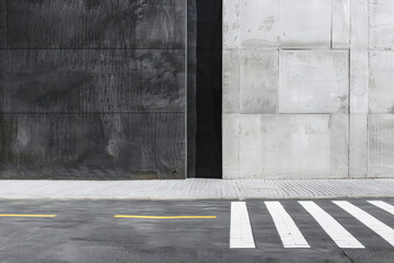 Empty street with minimalist architecture and contrasting tones.
