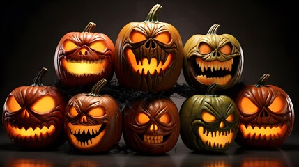 about Halloween pumpkins with spider on a shiny light background.