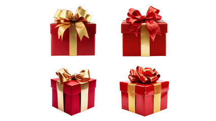 Fototapeta premium Four red gift boxes with gold ribbons and bows, isolated on a black background. Perfect for holiday and celebration themes., transparent , png