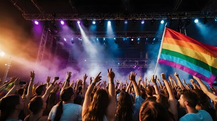 LGBTQ pr1de concert, rainbow lights, lively crowd, energetic performance. Music Event on PRIDE Festival with colourful flags and spotlights, LGBTQ