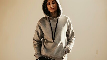 Female fitness model in a trendy gray hoodie with black joggers, isolated on an ivory background