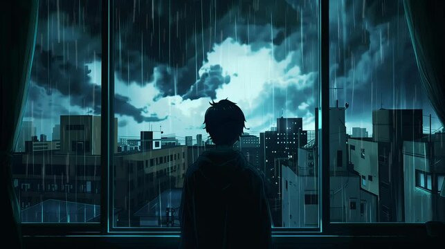 Silhouetted boy observing the city during a rainstorm beyond the window. Anime or digital painting style, looping 4k video animation background