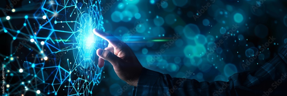 Poster in a futuristic setting, a hand merges with a digital network, symbolizing the unison of human touch