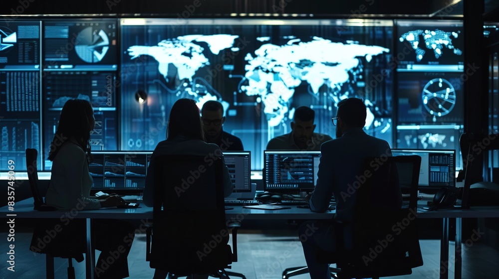 Aufkleber cybersecurity incident response team strategizing to mitigate data breach in conference room with ad