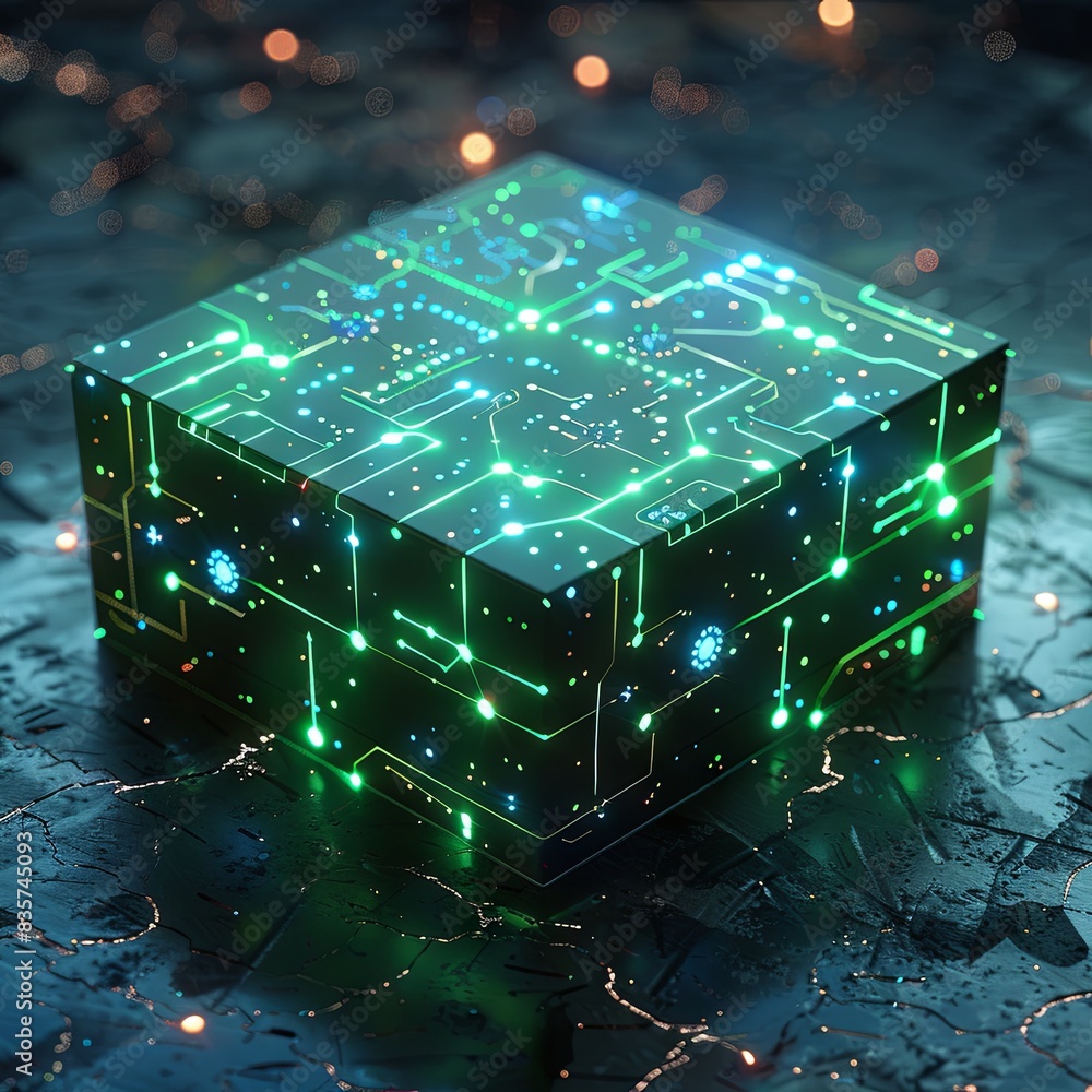 Aufkleber a cardboard box with glowing ai network patterns, futuristic, green and blue, 3d rendering