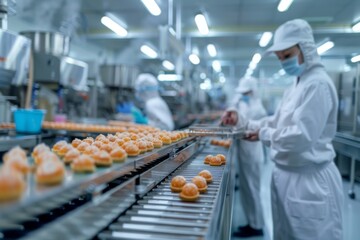 Workers in a food production line testing pastries to ensure quality control and maintain production standards.