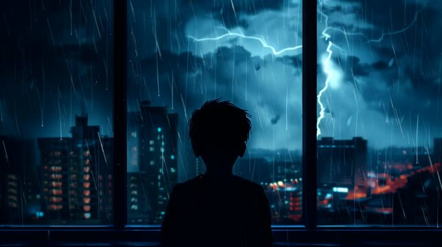 Silhouetted boy observing the city during a rainstorm beyond the window. Anime or digital painting style, looping 4k video animation background