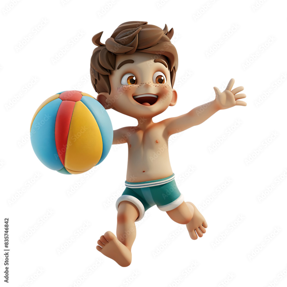 Poster a fun 3d character in swim trunks playing with a beach ball on a transparent background