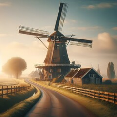  View of an old windmill, Holland. The road leading to the windmill. Agriculture. 