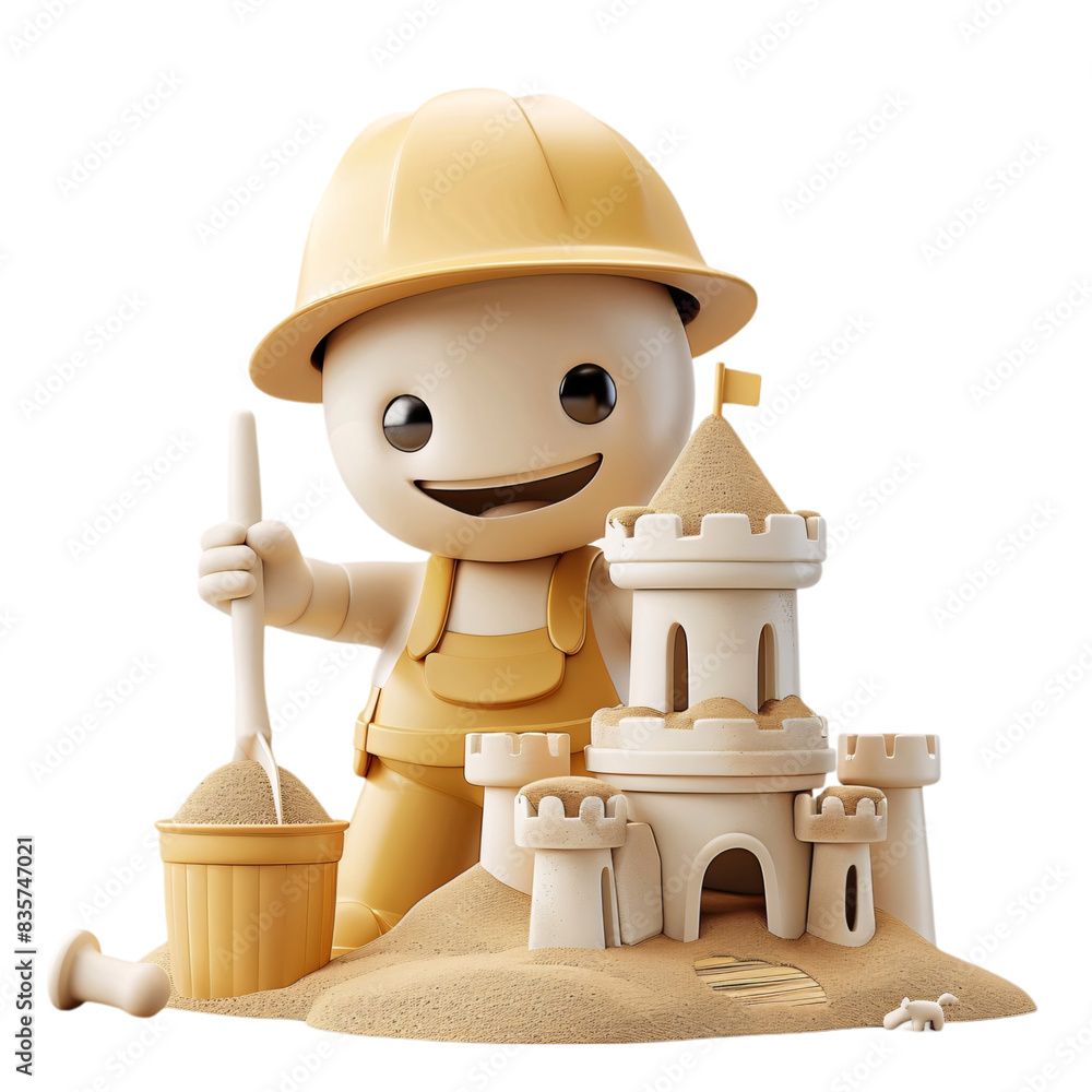 Poster a playful 3d character building a sandcastle with a bucket and spade on a transparent background