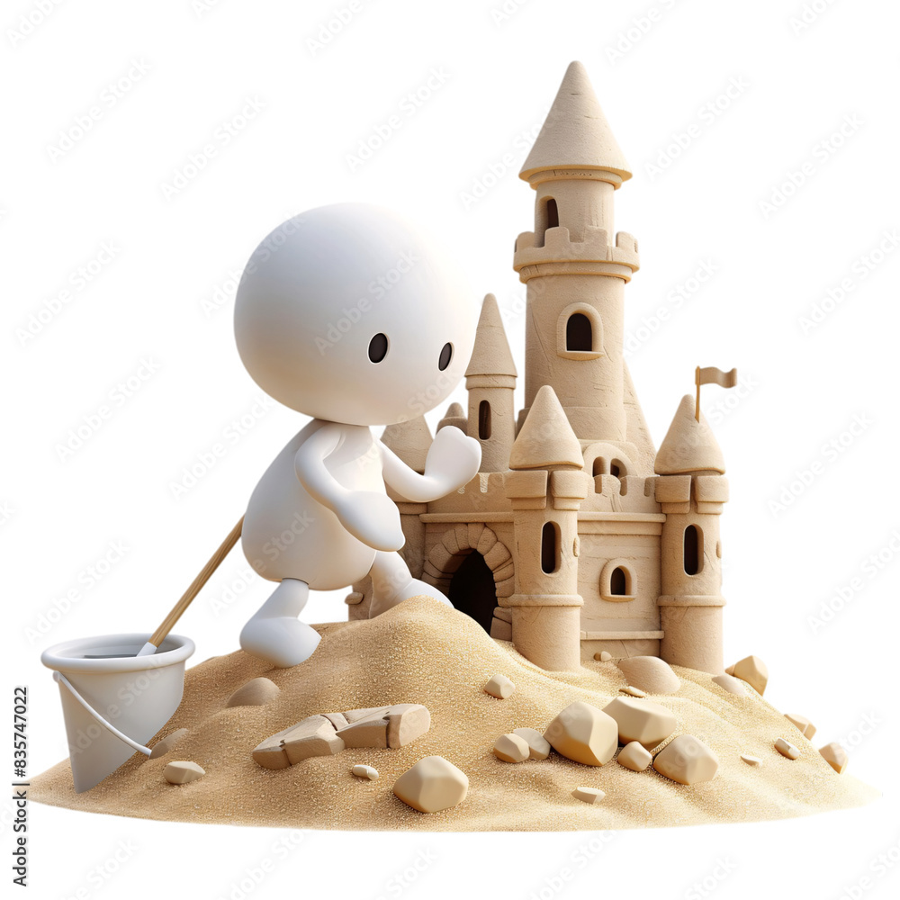 Poster A playful 3D character building a sandcastle with a bucket and spade on a transparent background