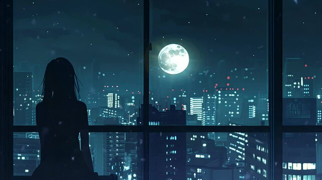 Silhouette of a girl gazing moon at the city beyond the window during calm night. Anime or digital painting style, looping 4k video animation background