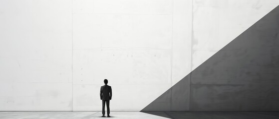 Minimalistic image of a lone man in a suit standing against a large empty concrete wall with a dramatic shadow, representing solitude and introspection.