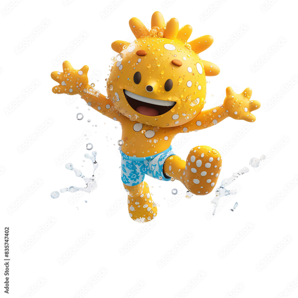 Poster a playful 3d character jumping into a pool with a big splash on a transparent background
