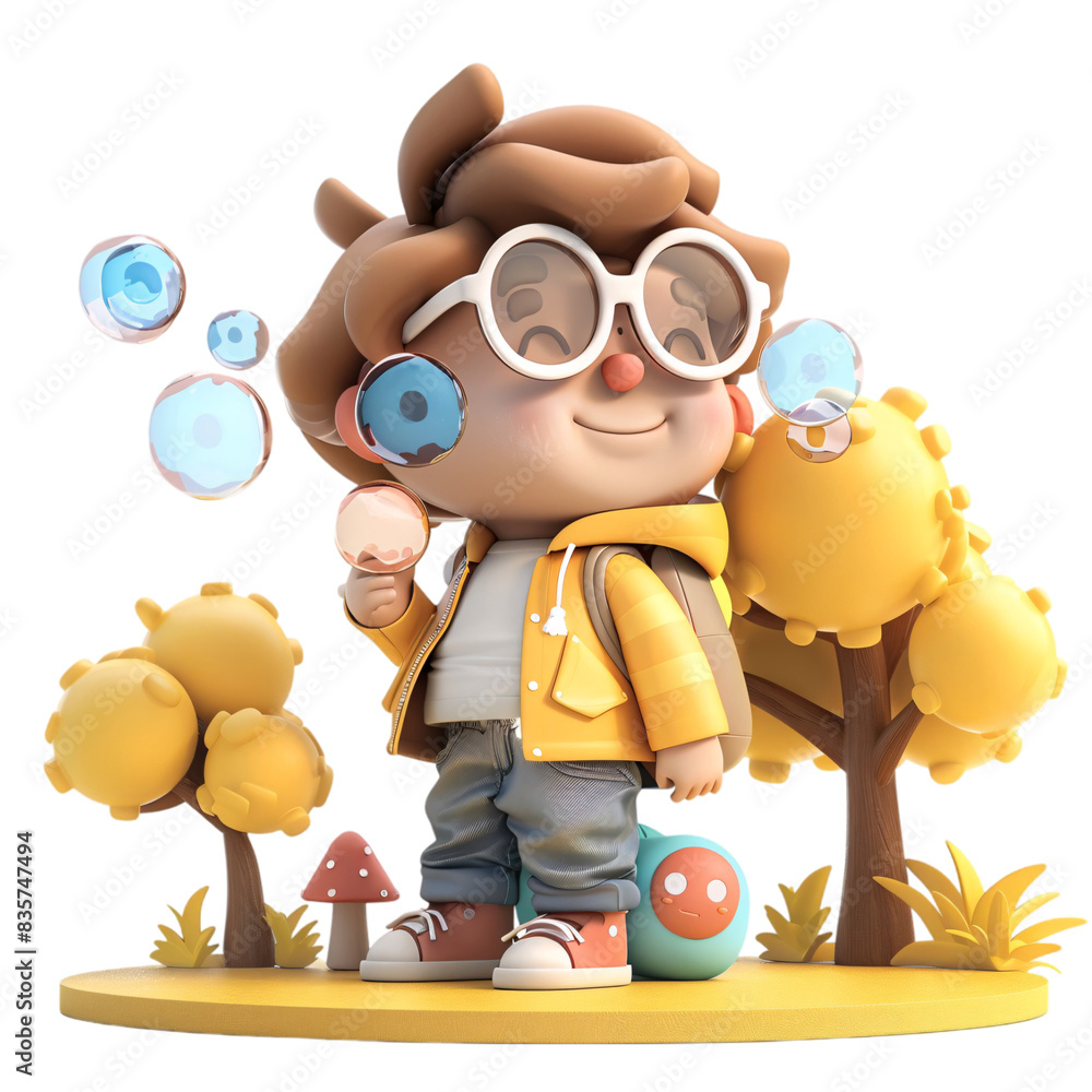 Poster a cheerful 3d character blowing bubbles in a sunny park setting on a transparent background