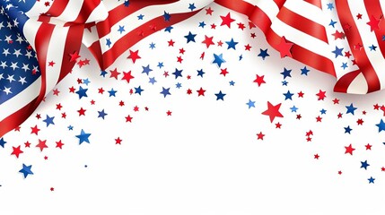 Obraz premium Celebratory American flag background with red, white, and blue streamers and stars, perfect for patriotic events and national holidays.