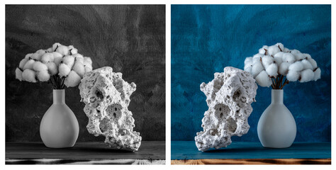 Conceptual diptych still life with levitating tuff stone and a bouquet of cotton branches in a vase...