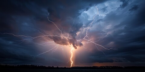 Obraz premium Powerful and dramatic lightning bolt in a stormy sky