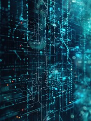 High-Tech Data Charts with Blue Tones and Ambient Light, Featuring Techno Lines and Particles Creating a Futuristic and Mysterious Atmosphere