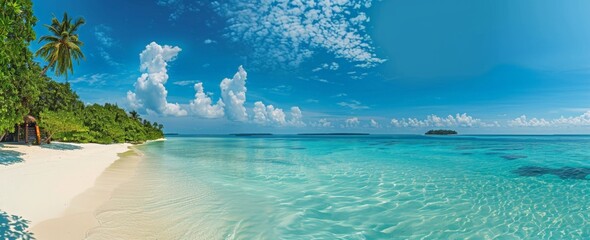 Fototapeta premium A panoramic view of a beautiful tropical beach with white sand and turquoise water on an island in Maldives, a blue sky with clouds