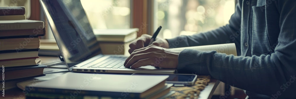 Poster creating a home office equipped with technology, books, and a laptop can boost focus and productivit
