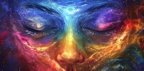 A picture depicting the concept of chakra opening, third eye vision, spirituality, and meditation, with a cosmic and peaceful atmosphere.