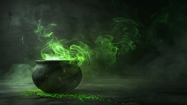A green cauldron with smoke and glowing liquid inside, on a halloween background