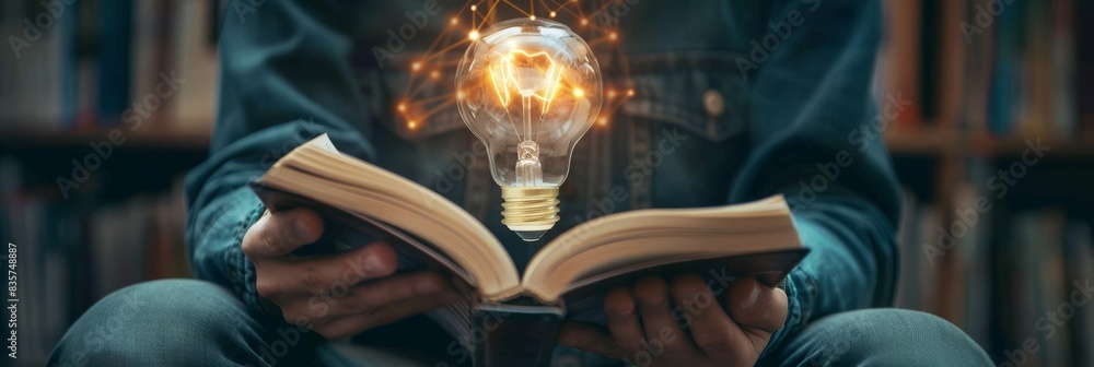 Poster a lightbulb in a library symbolizes innovative education, sparking ideas and fostering learning and 