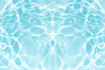 Blue water with ripples on the surface. Defocus blurred transparent blue colored clear calm water surface texture with splashes and bubbles. Water waves with shining pattern texture background.