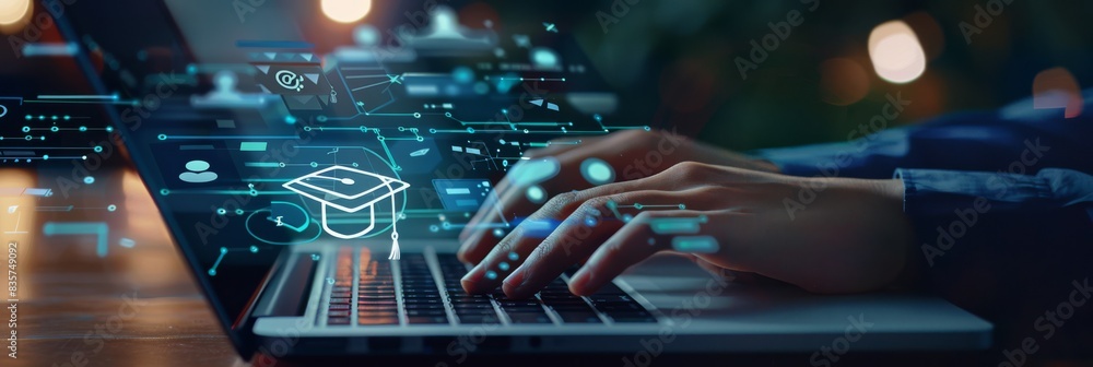 Leinwandbilder Immerse yourself in cuttingedge technology as hands type on a laptop with a futuristic interface, facilitating virtual connectivity and enhancing workspace for coding and programming