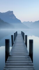 Fototapeta premium Serene dock extending into misty lake with mountain backdrop