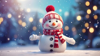 Christmas décor in a winter park including a charming, happy snowman and gorgeous bokeh. AI-produced.